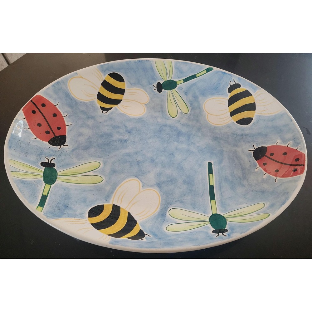 Vintage Clay Art Bumbles Hand Painted Ceramic Platter Bee Ladybug Dragonfly Blue